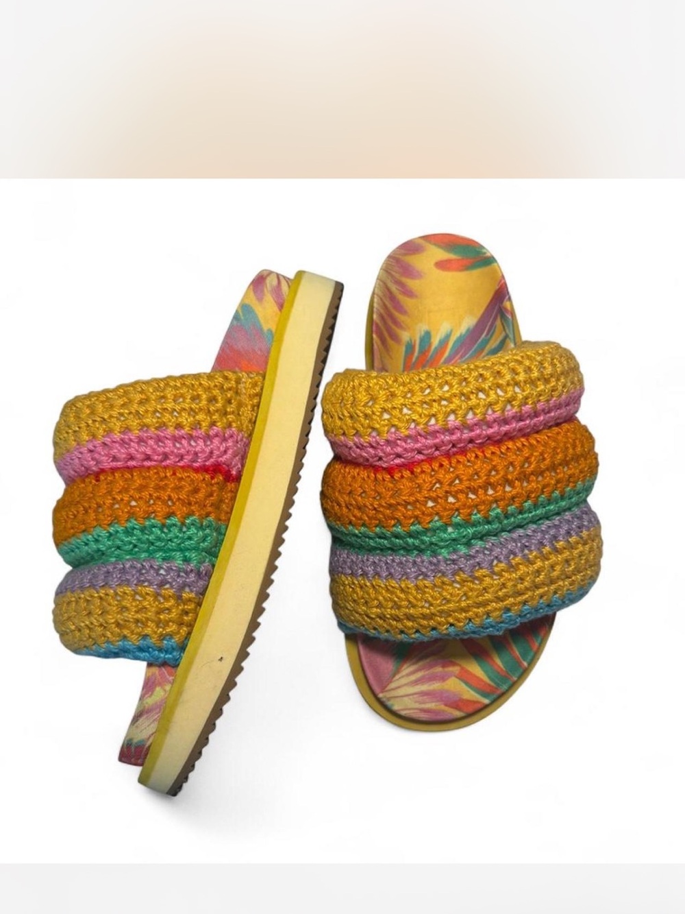 FARM Rio Yellow Multicolor Crochet Slide Sandals - Picture 3 of 5
